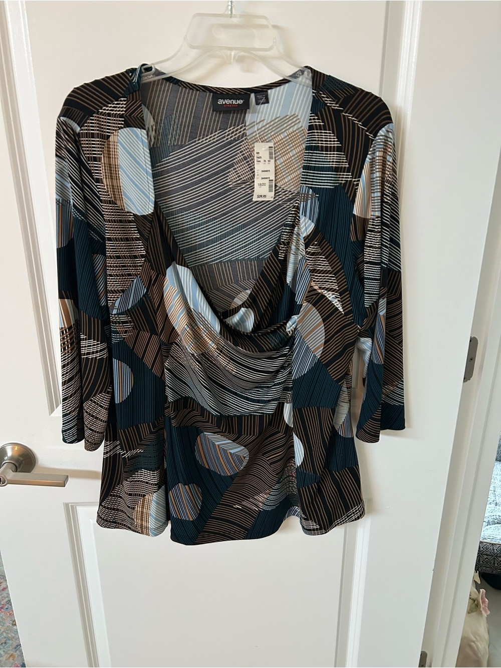 Avenue Women's Draped Neck Geometric Print Top - Black/Blue/Tan NWT